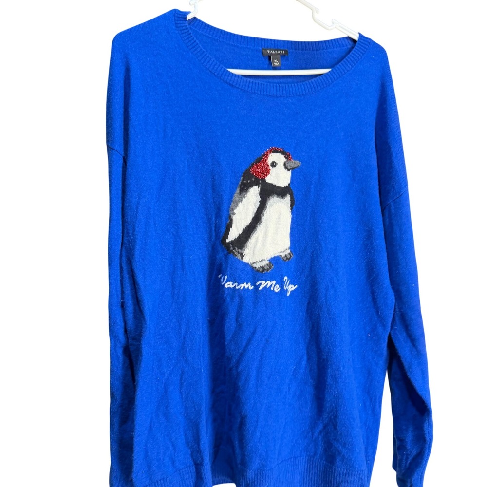 Talbots‎ Womens XL Blue Penguin Warm Me Up Intarsia Knit Holiday Sweater